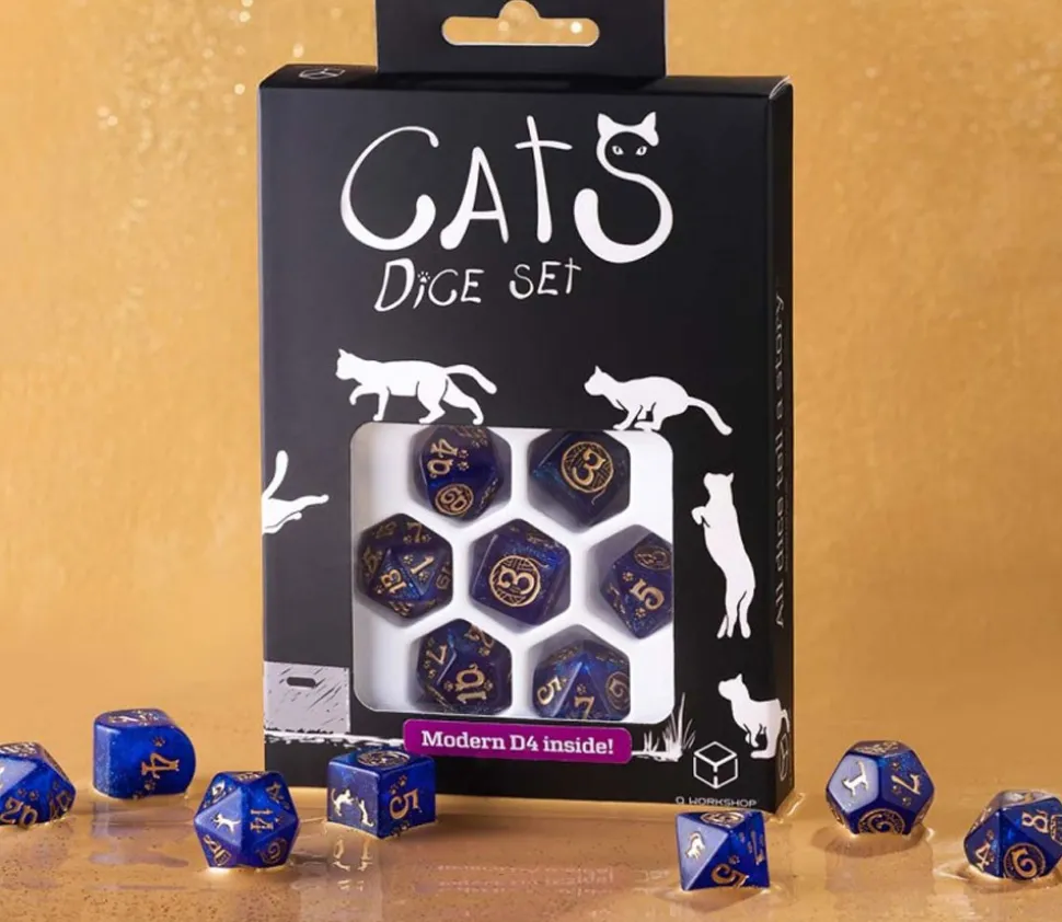 7 dés chats avec le dé 4 faces moderne - Set Meowster