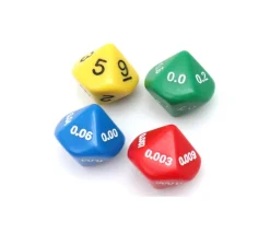 4 dés décimaux 10 faces : unité, dixième, centième, millième