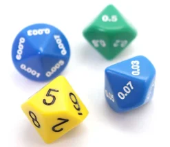 4 dés décimaux 10 faces : unité, dixième, centième, millième