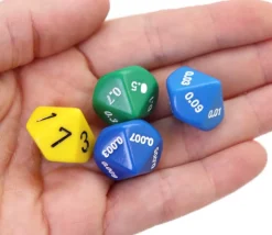 4 dés décimaux 10 faces : unité, dixième, centième, millième