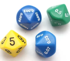 4 dés décimaux 10 faces : unité, dixième, centième, millième