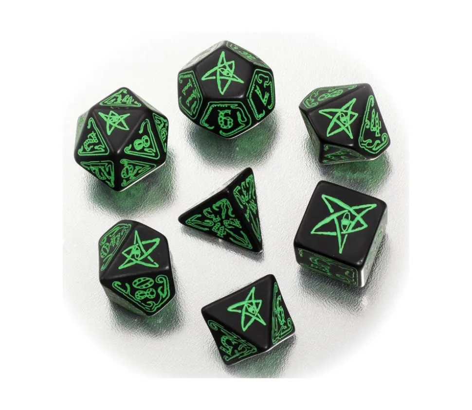7 dés multifaces Call of Cthulhu - noir et vert COC