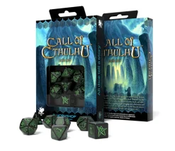 7 dés multifaces Call of Cthulhu - noir et vert COC