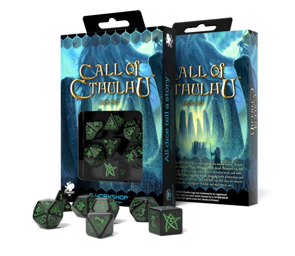 7 dés multifaces Call of Cthulhu - noir et vert COC