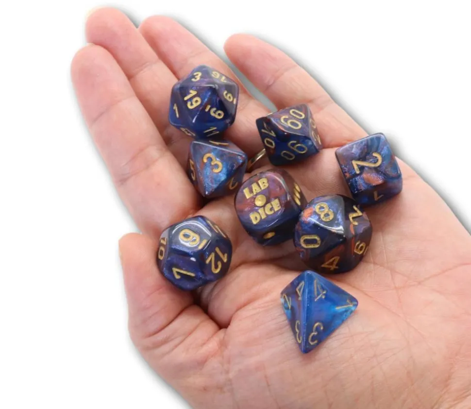 8 dés multi-faces cuivré/bleu chiffres dorés LAB dice 6