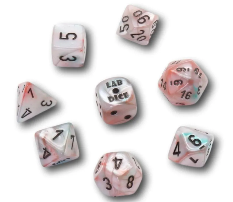 8 dés multi-faces nacrés bleu rose Lab Dice 6 chessex