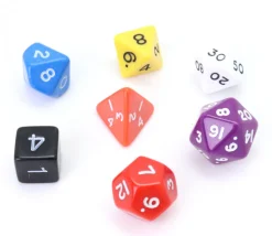 7 dés multi-faces opaques multicolores