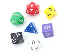 7 dés multi-faces opaques multicolores