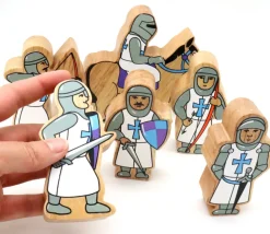 6 Figurines chevaliers en bois bleus et blancs personnage jeu
