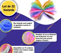 32 foulards de jonglage colorés 60 x 60 cm
