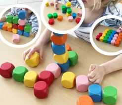 6 gros dés neutres 4 cm bois multicolores