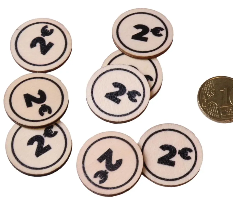 500 jetons en bois 2 € - 2.5 cm