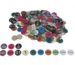 352 jetons numérotés de 0.001 à 1000000 et fractions en carton