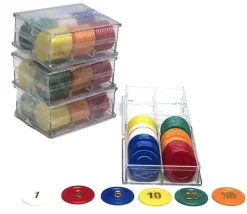 240 jetons numérotés. Pions de 25 mm. 4 boites de 60 pions.