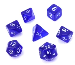 7 MINI dés multifaces translucides bleu foncé chiffres blancs