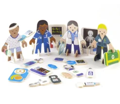 4 personnages en bois : docteurs et infirmiers. Thème médical à construire.