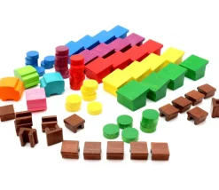 72 pièces en bois le petit marché : camions, étals, bâtiments et jetons