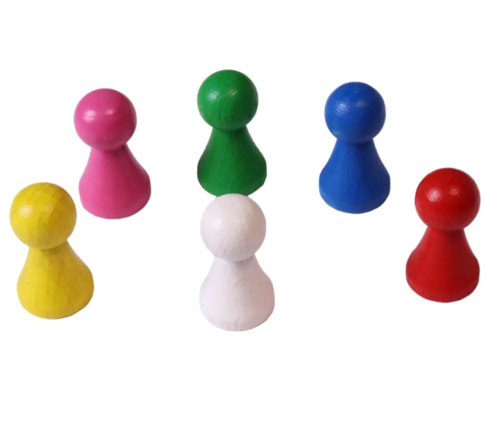 6 Pions bois 15 x 27 mm multicolores pour jeu - lot de 6 (rouge, vert, jaune, bleu, rose et blanc)