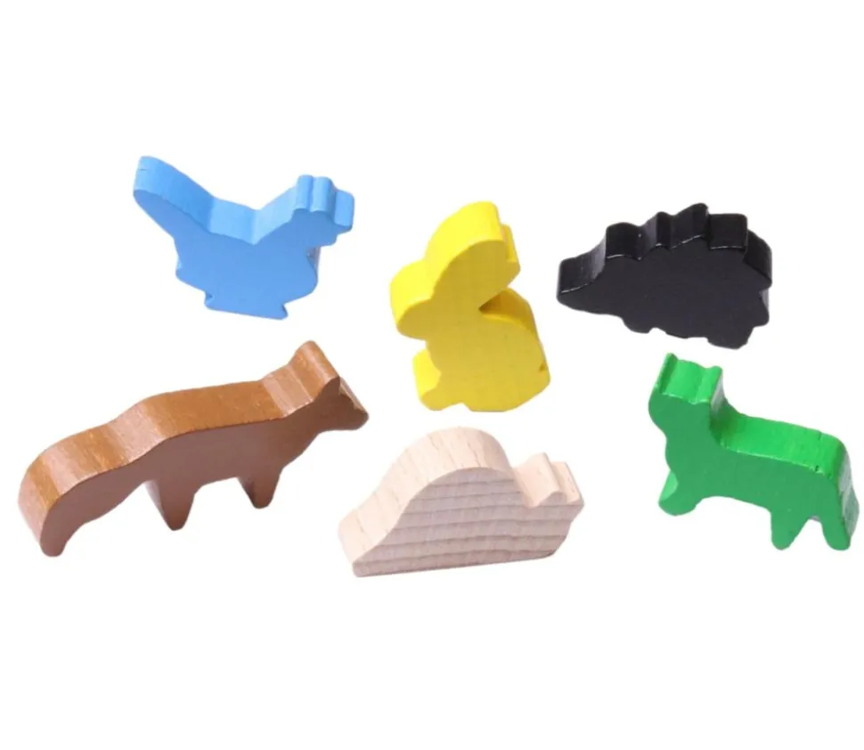 6 Pions en bois animaux multicolores pour jeux