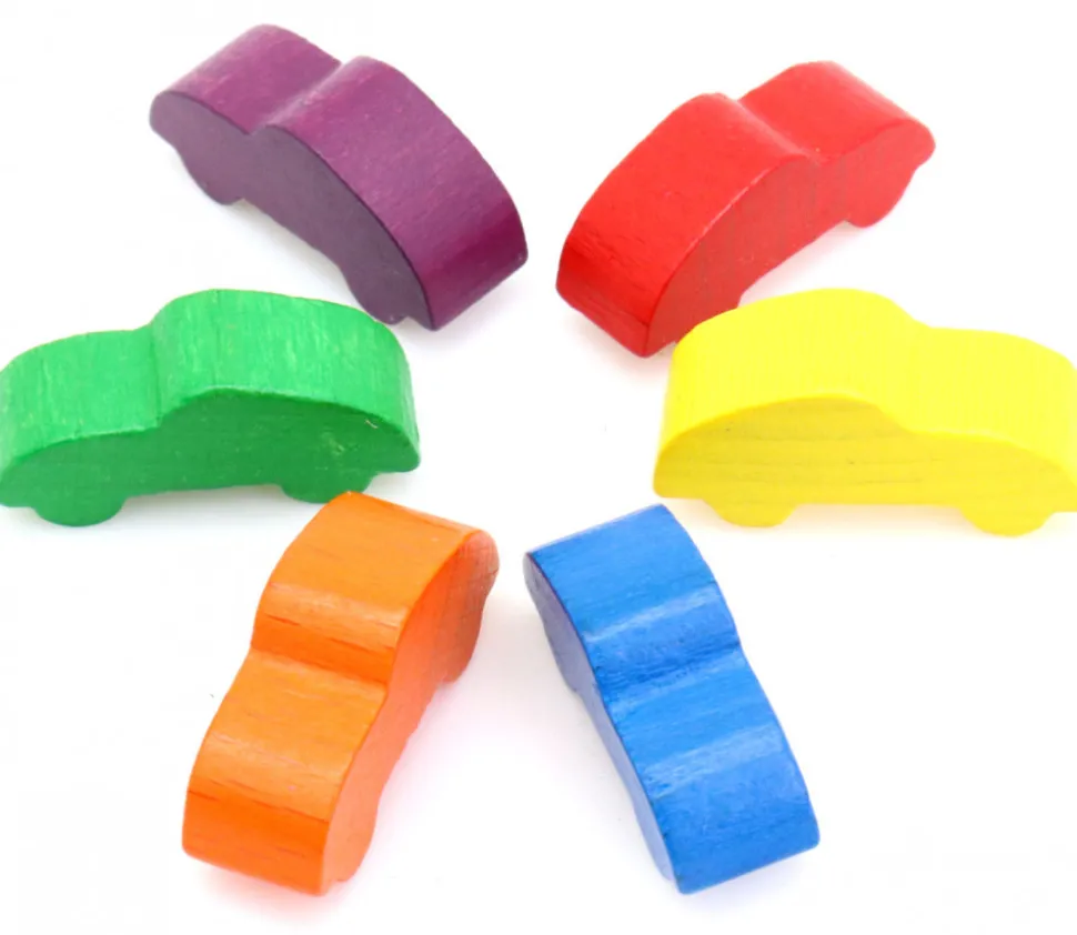 6 Pions multicolores voitures colorées en bois pour jeu 25 x 11 x 8 mm