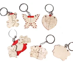 12 Porte-clés animaux bois à peindre avec coeur surprise