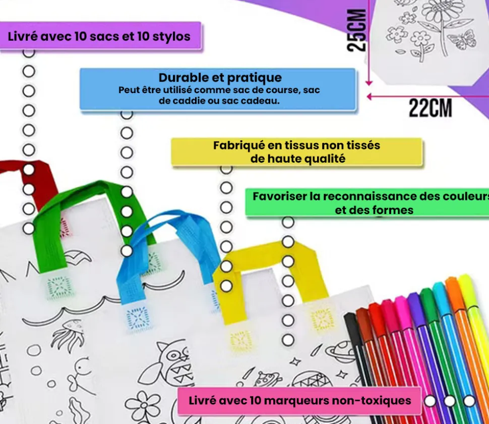 10 Sacs à colorier + 10 feutres
