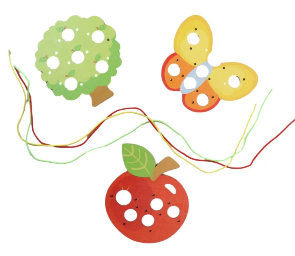 3 tableaux jeux de laçage bois verger