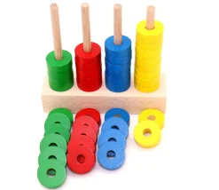 Abaque de tri bois - Socle 4 tiges + 40 jetons rouge vert jaune bleu