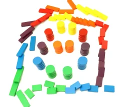 Boite 108 Jetons jeux bois multicolores : rond, petits rectangles et grands rectangles pour mise