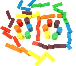 Boite 108 Jetons jeux bois multicolores : rond, petits rectangles et grands rectangles pour mise