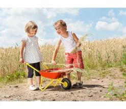 Brouette enfant en plastique et métal rouge et jaune
