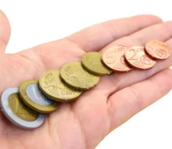 Caissette avec 290 pièces et billets euros factices de jeux