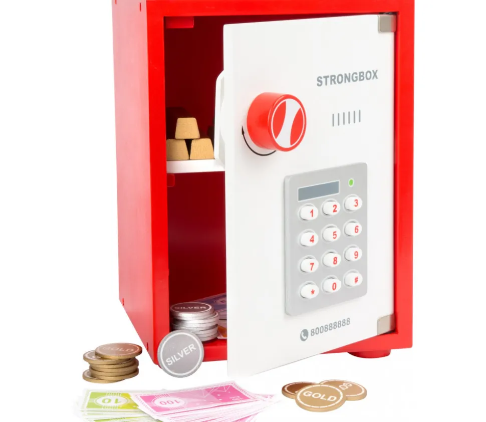 Coffre fort en bois avec argent factice - 68 pièces.