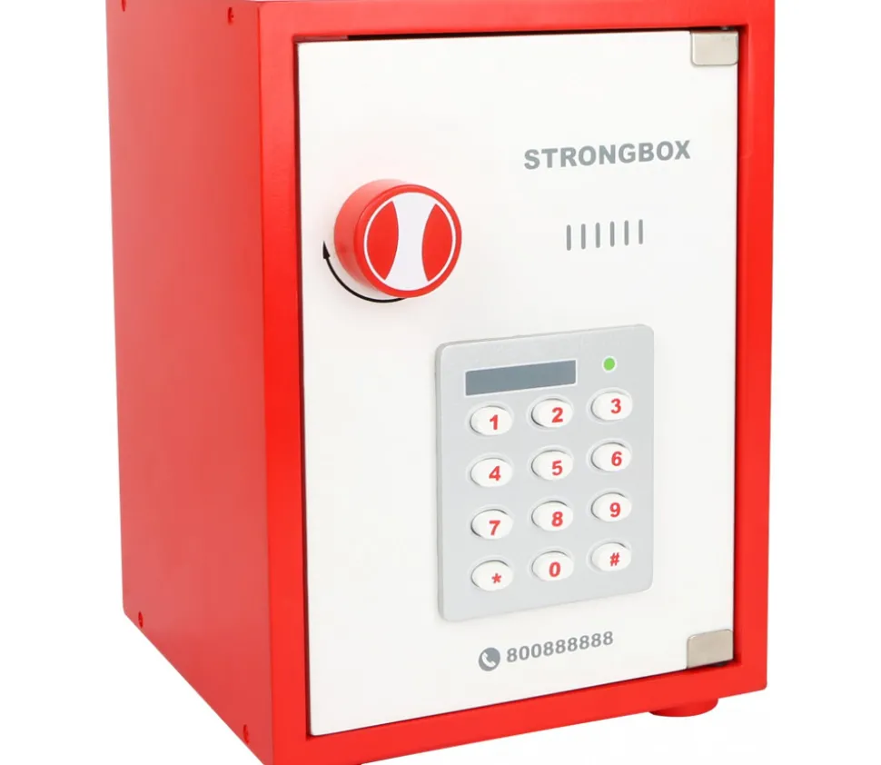 Coffre fort en bois avec argent factice - 68 pièces.