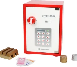 Coffre fort en bois avec argent factice - 68 pièces.