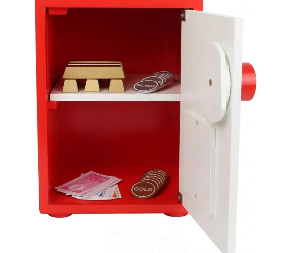 Coffre fort en bois avec argent factice - 68 pièces.