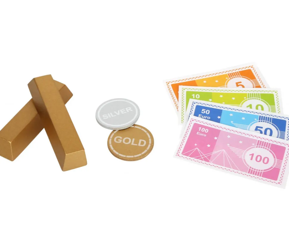 Coffre fort en bois avec argent factice - 68 pièces.