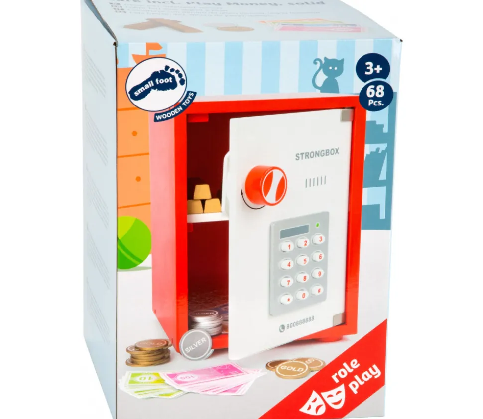 Coffre fort en bois avec argent factice - 68 pièces.