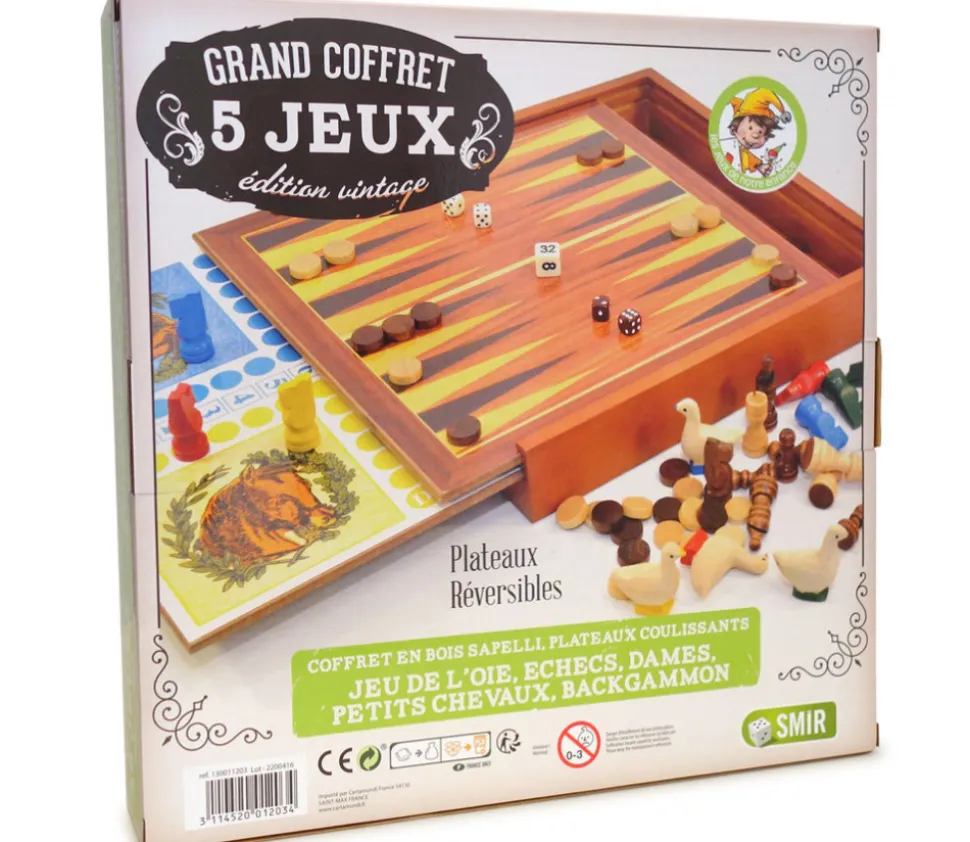 Coffret bois 5 jeux vintage traditionnels