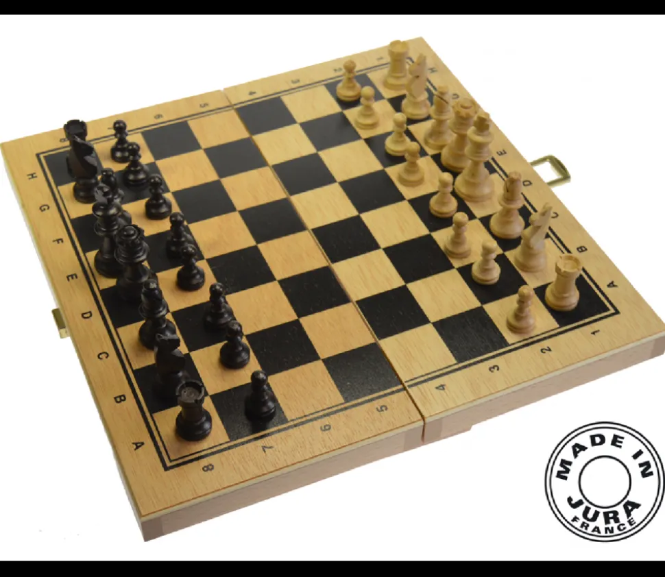 Coffret Jeu d'échecs en bois complet plateau pliable + 32 pièces - Fabriqué en France
