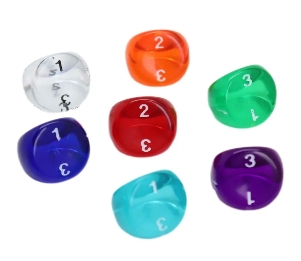 Dé 3 faces 1 à 3 translucide (couleur mise au hasard)