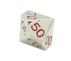 Dé 10 faces dizaines en métal argenté 00 à 90 chiffres rouges 20 mm