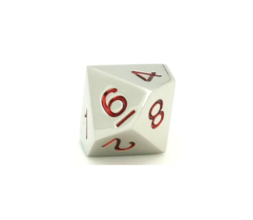 Dé 10 faces en métal argenté 0 à 9 chiffres rouges 20 mm