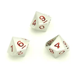 Dé 10 faces en métal argenté 0 à 9 chiffres rouges 20 mm