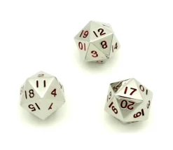 Dé 20 faces en métal argenté chiffres rouges 20 mm