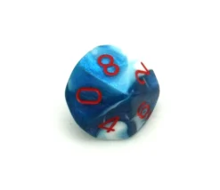 Dé 10 faces glacé nacré bleu-blanc points rouge