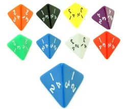 Dé 4 faces pyramide 1 à 4 opaque à l'unité (couleur mise au hasard)