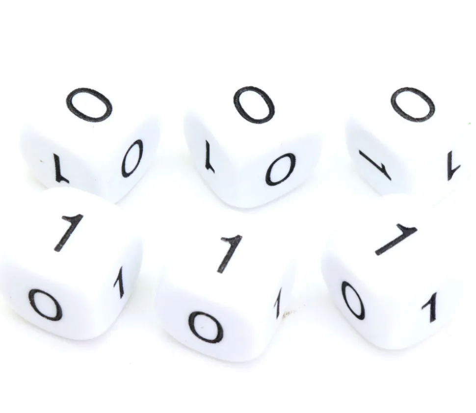 Dé à jouer 0 1 0 1 0 1 blanc de 16mm de côté