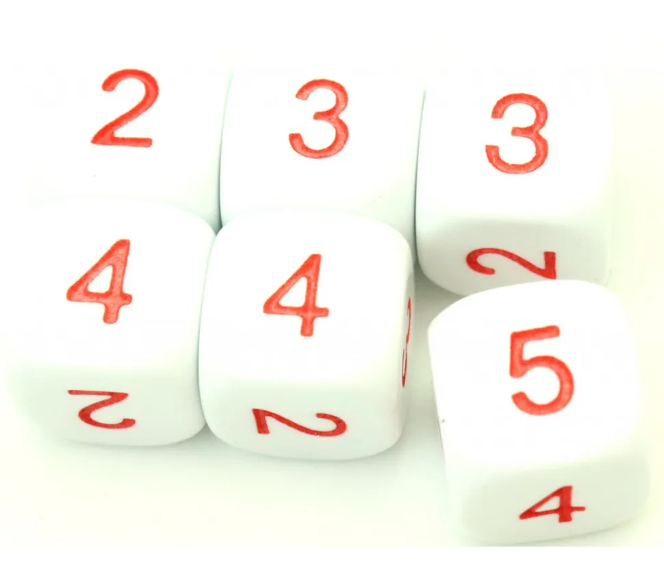 Dé à jouer 2 3 3 4 4 5 moyenne de 16 mm BLANC