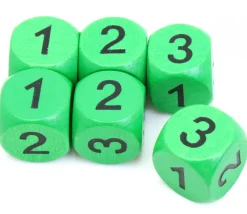 Dé à jouer bois chiffres 1 2 3 1 2 3 vert en 16 mm